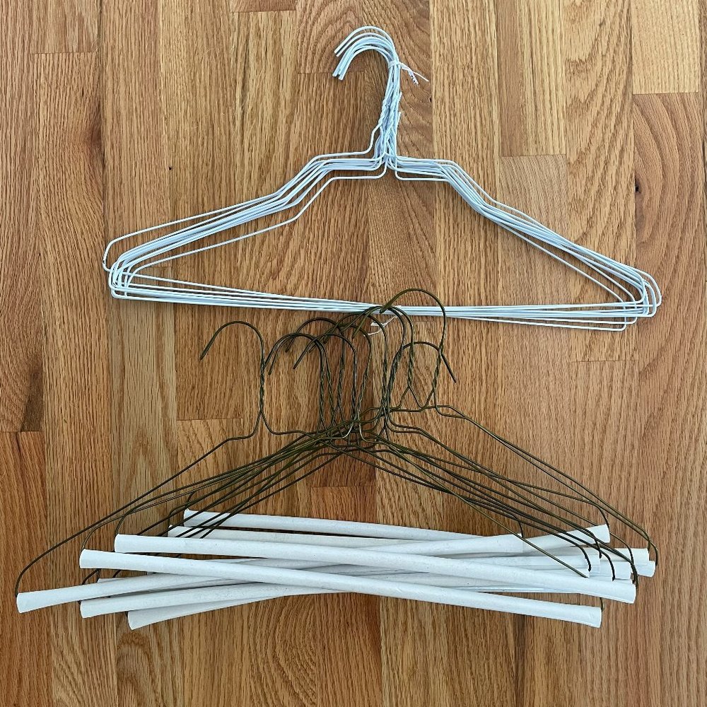 20 Total 10 White Wire 18” Clothes Hangers & 10 Sweater Pants 16” Cardboard Tube